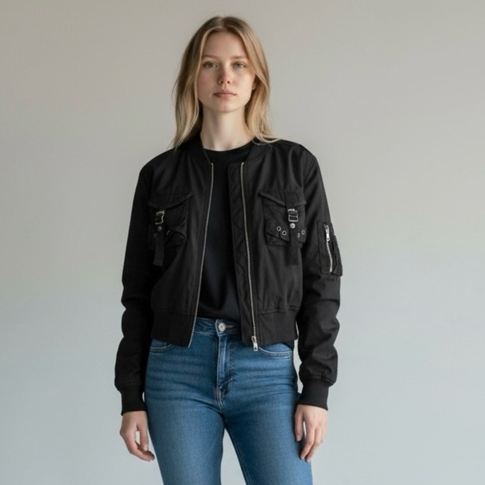 Clash Jeans USA Trendy Cropped Black Bomber‎ Utility Jacket